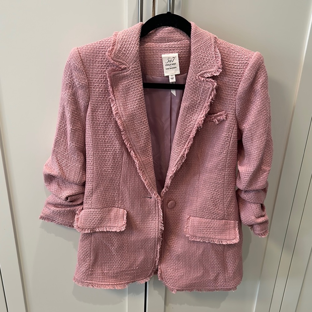 cinq a sept Pink Bouclé Frayed-Trim Blazer